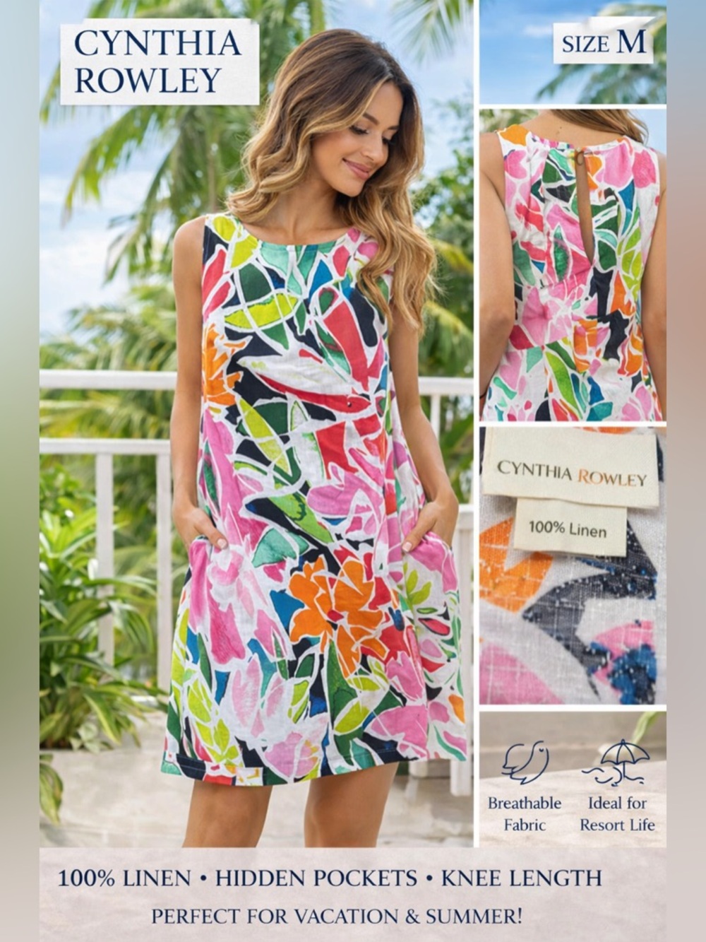 Cynthia Rowley 100% Linen Floral Dress Sleeveless women sz Medium pink multi fun